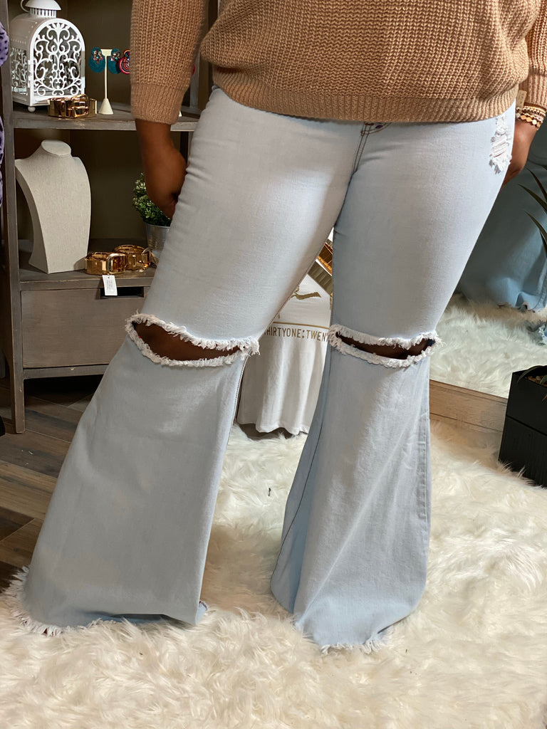 Stone Wash Distressed Flare Jeans